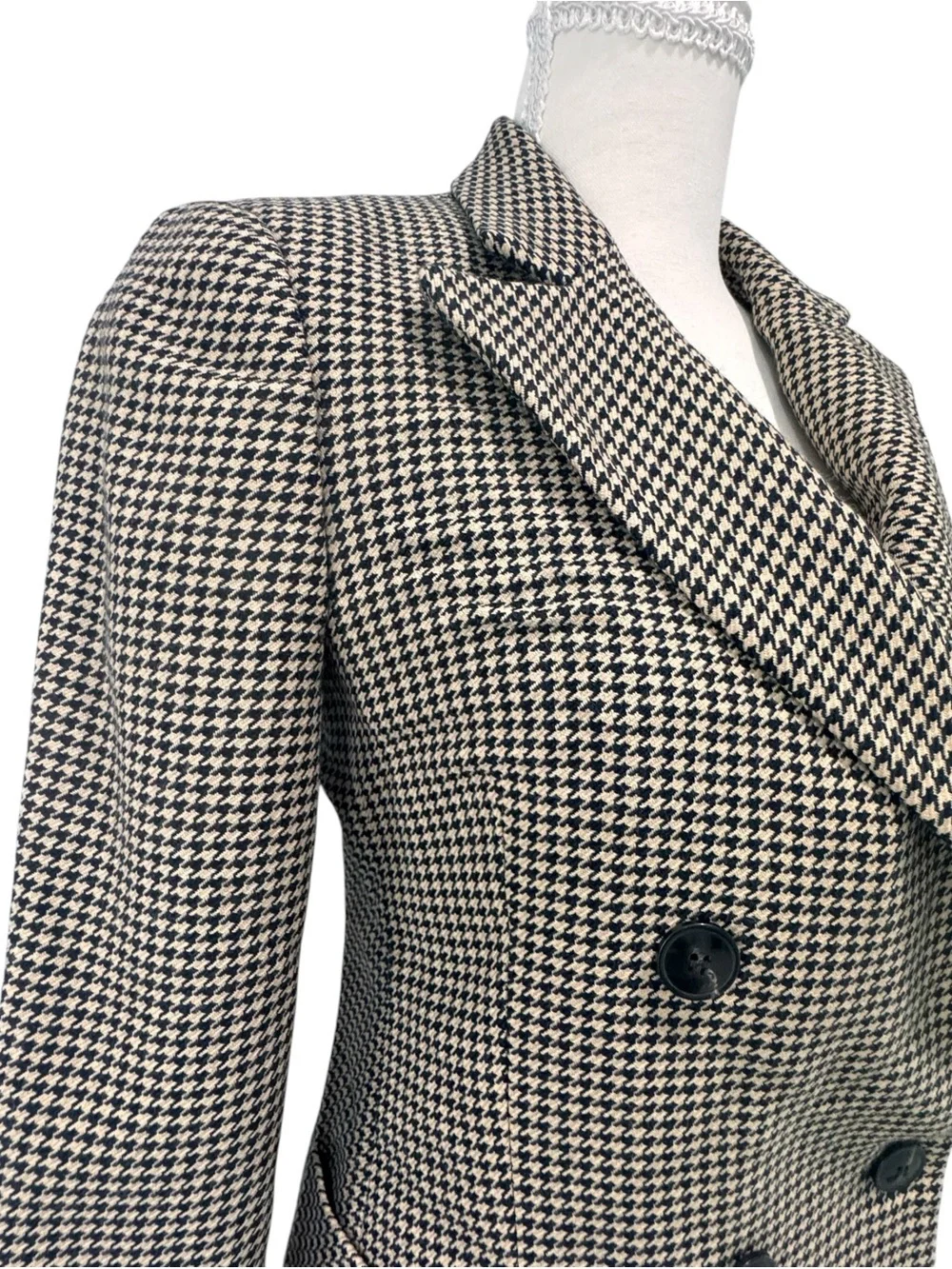 REISS Ella Double-Breasted Dogtooth Wool-Blend Puckered Shoulder Blazer Size 2 - Picture 4 of 11